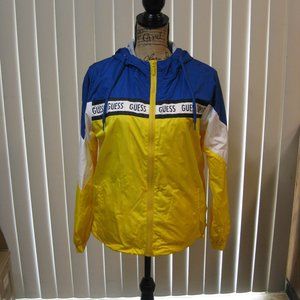 NWT Guess blue yellow logo windbreaker jacket hoodie XS extra small